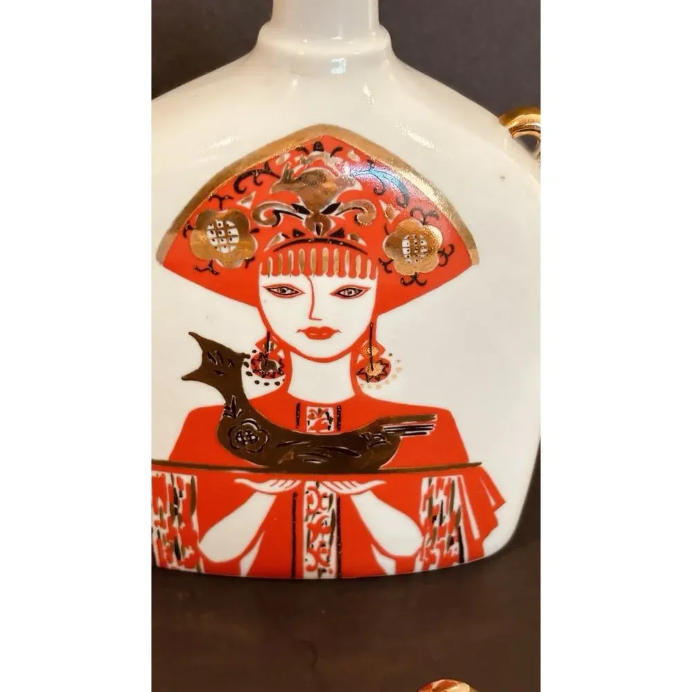 ￼ Vintage USSR Russian Porcelain Decanter Set Woman Holding Bird Rooster 2 Cups